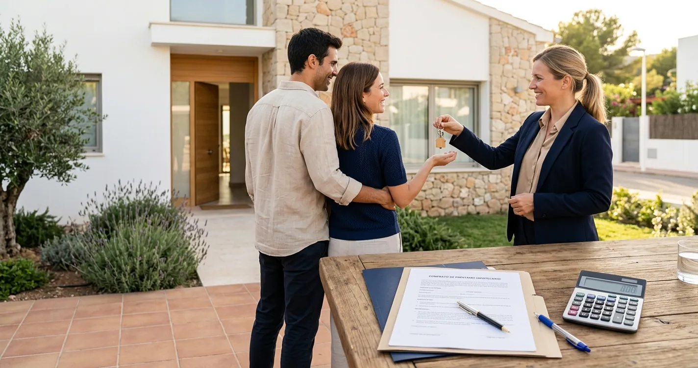 Hipotecas para jóvenes 2026 - Pareja joven recibiendo llaves de su primera vivienda en España