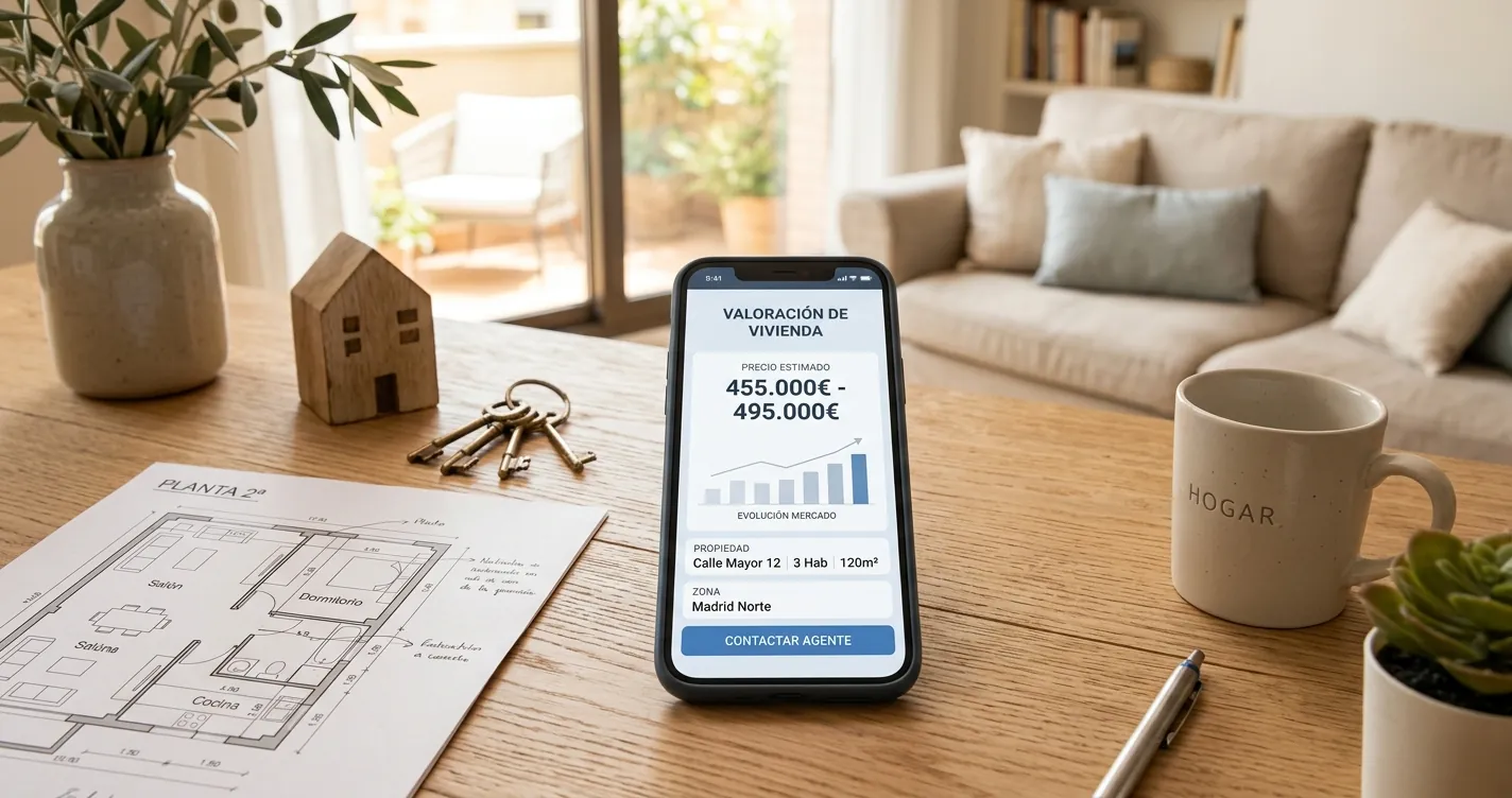 Tasación online vivienda Idealista - Smartphone con valoración de piso sobre escritorio con plano y llaves en España 2026