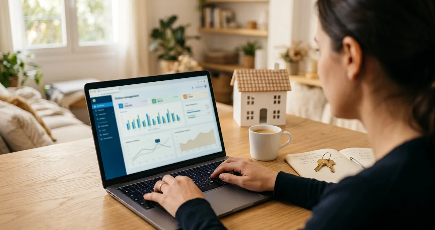Caser Seguros Hogar área clientes - Persona accediendo al portal online del seguro de hogar desde portátil con maqueta de casa