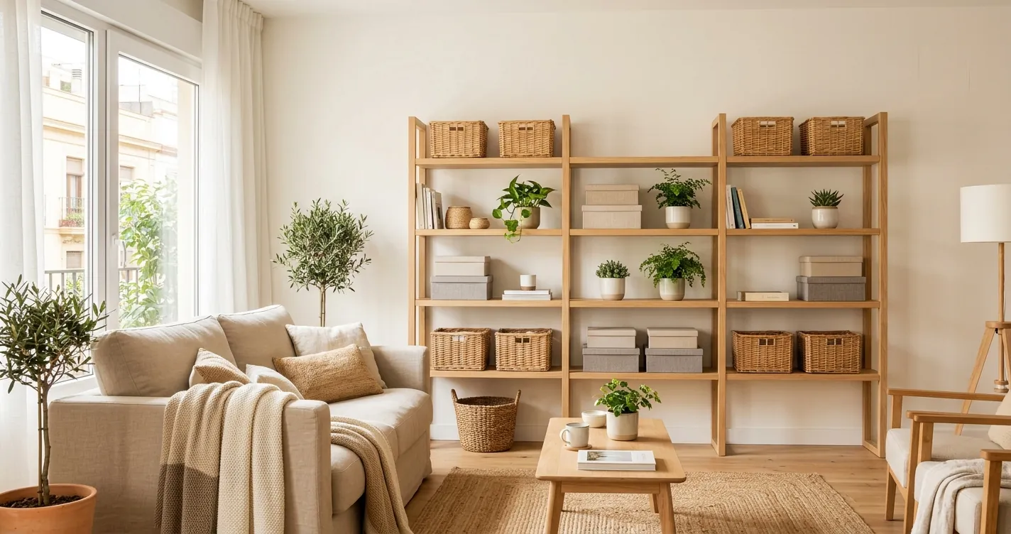 Cómo organizar el hogar: salón ordenado de un piso español con cestos de almacenaje y estanterías de madera