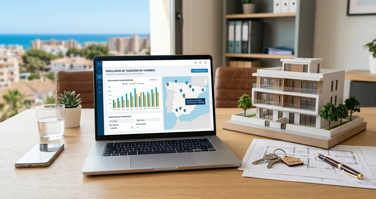 Simulador Kutxabank valor vivienda: portátil mostrando una tasación online de una casa con gráfico de valoración y maqueta arquitectónica