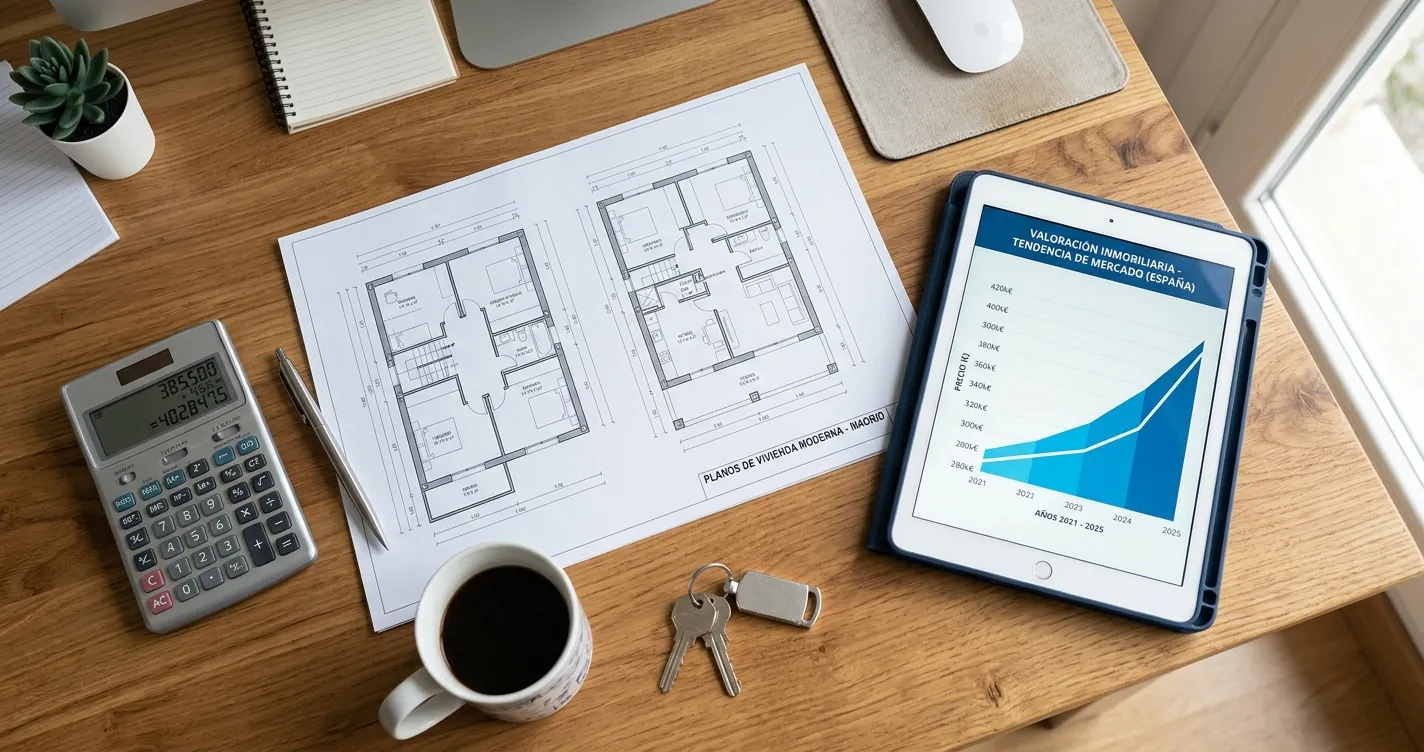 Simulador tasación vivienda BBVA - Calculadora y planos sobre escritorio con valoración inmobiliaria en España 2026