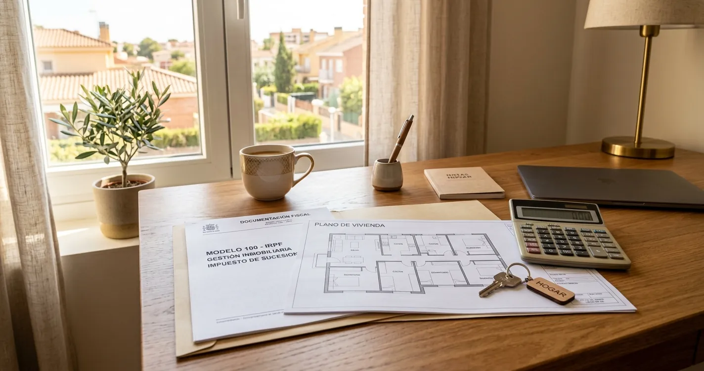 Gastos deducibles venta vivienda heredada: documentos fiscales, calculadora y llaves sobre un escritorio en España