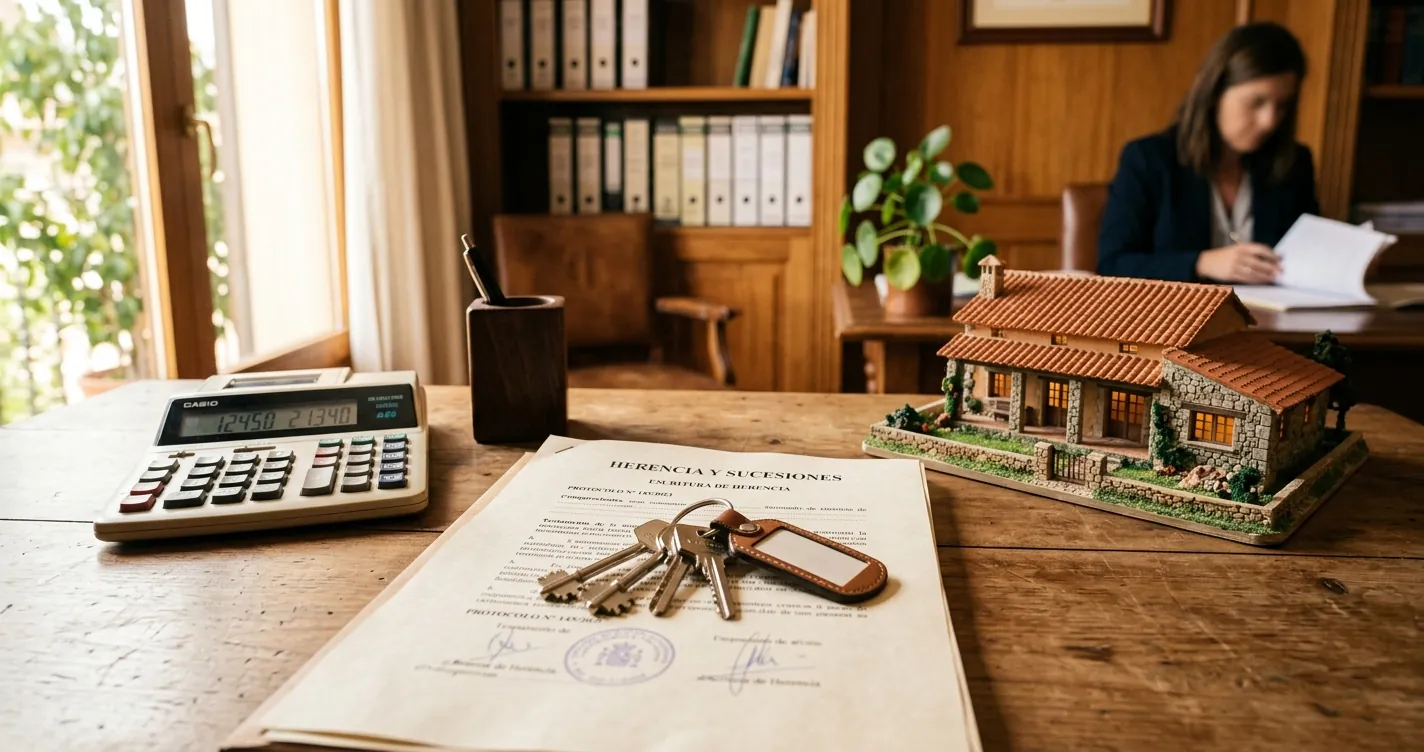 Impuestos al heredar una vivienda en España: llaves, documentos de herencia y calculadora sobre una mesa