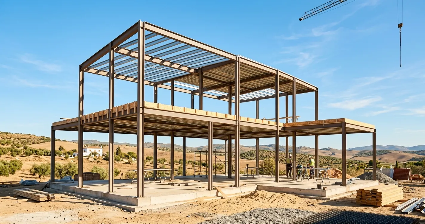 Estructura metálica para vivienda unifamiliar en construcción con perfiles de acero