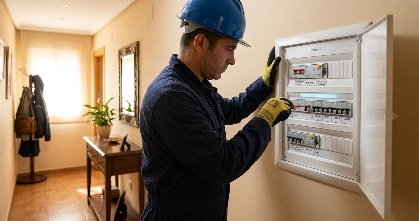 Protección hogar energía Endesa - Técnico revisando el cuadro eléctrico de una vivienda en España