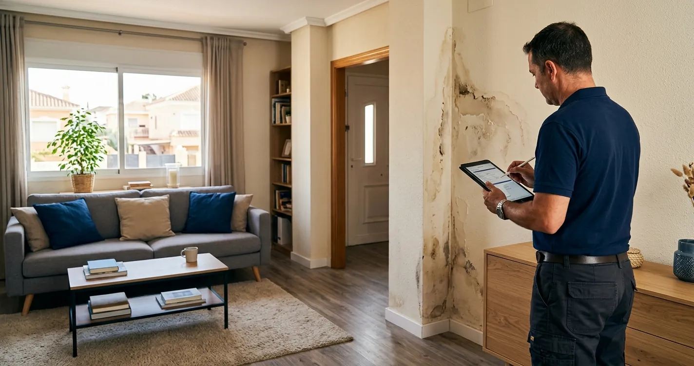 Infraseguro hogar - Perito tasando daños en una vivienda para calcular la indemnización del seguro