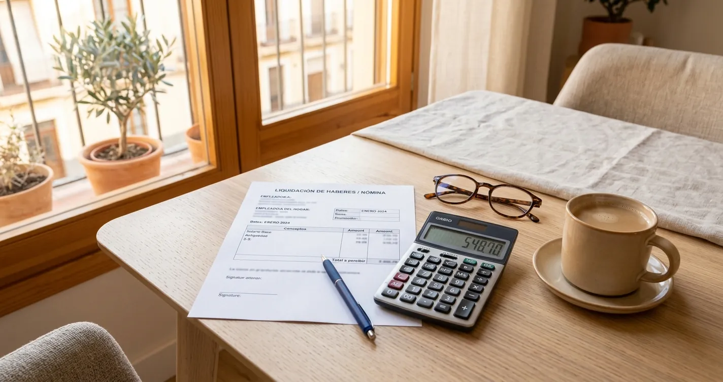 Finiquito empleada de hogar - Calculadora y documento de liquidación sobre la mesa de una vivienda en España