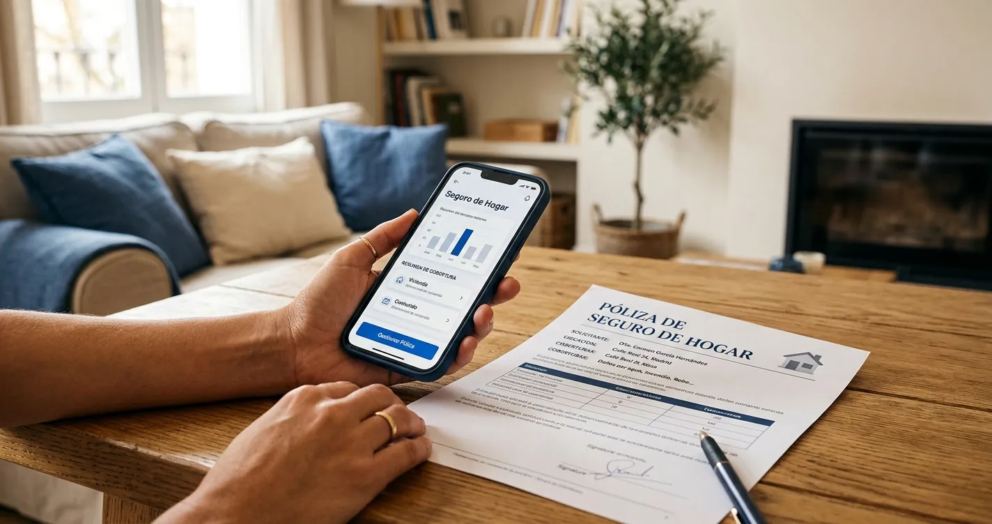 Seguro hogar CaixaBank teléfono gratuito: móvil y póliza de seguro de hogar sobre una mesa