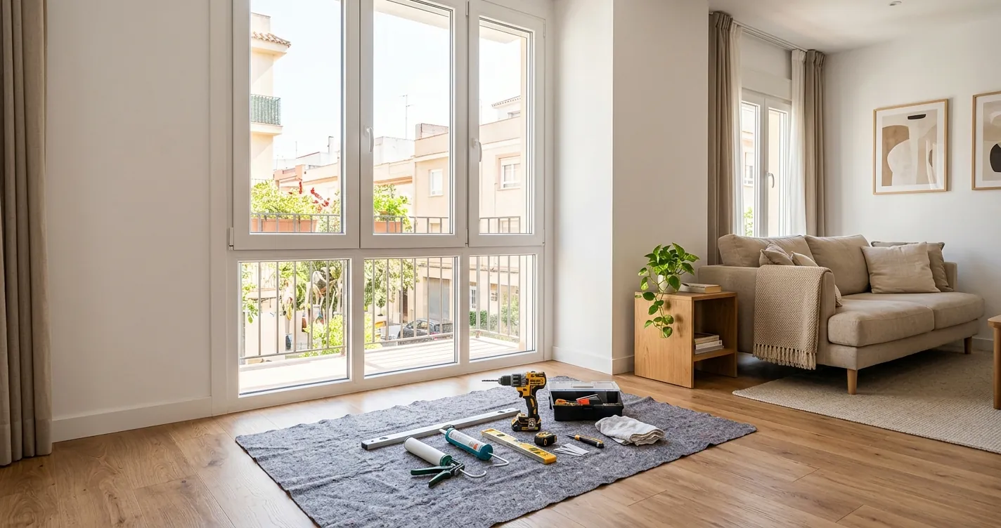 Cambiar ventanas de la vivienda: ventanal nuevo de PVC con doble acristalamiento instalado en un salón luminoso