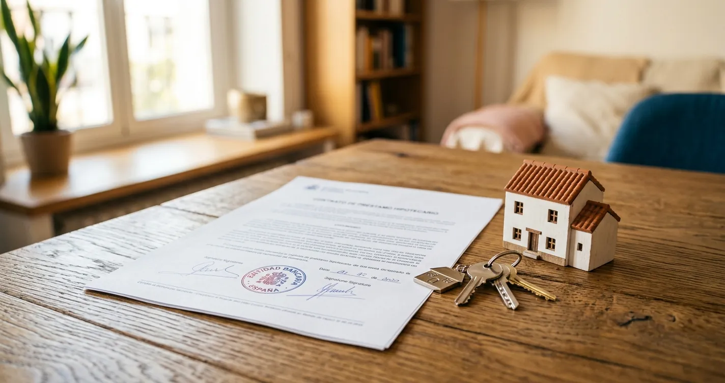 Certificado de saldo cero de la hipoteca junto a las llaves de una vivienda ya pagada en España