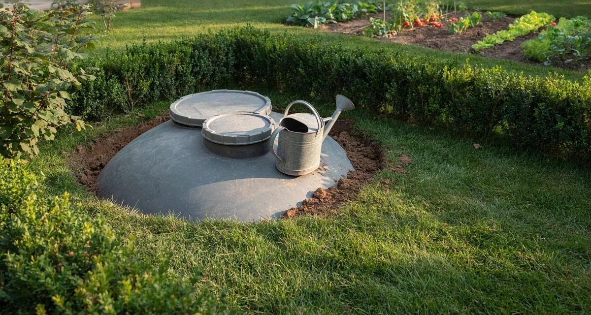Biodigestor para vivienda unifamiliar enterrado en el jardín de una casa con tapas de registro y huerto al fondo