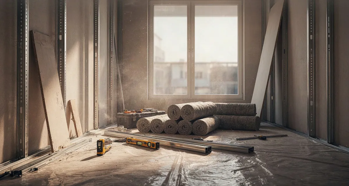 Trasdosado acústico de lana de roca y pladur sobre una pared medianera en obra: cuanto cuesta insonorizar una vivienda de 80 m2 con esta solución
