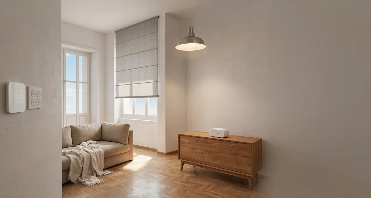 Domótica para casa: salón español con termostato inteligente, persianas motorizadas y hub de control domótico en la pared